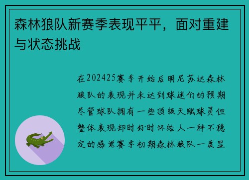 森林狼队新赛季表现平平，面对重建与状态挑战